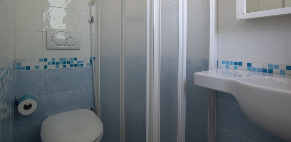 Bagno compatto con doccia, lavandino e WC, decorato con piastrelle blu e bianche.