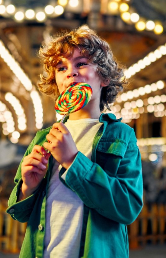 Bambino con leccalecca colorato davanti a un carosello illuminato di sera.